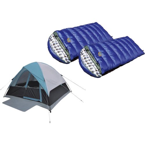  Alpinizmo High Peak USA 2 Kodiak -15F Sleeping Bags + 1 6 Men Tent Combo Set, Blue, One Size