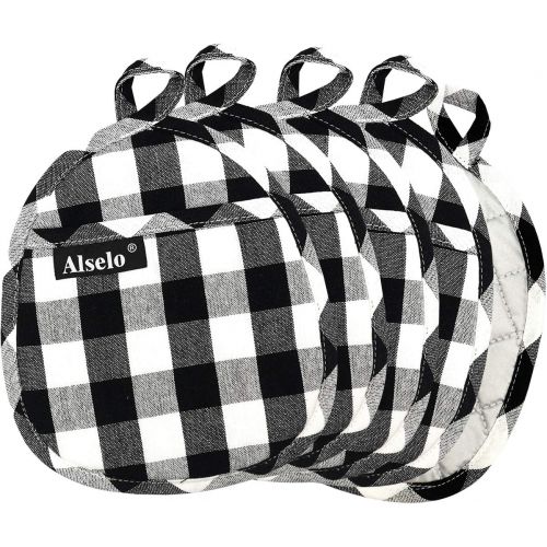  [아마존베스트]Alselo Pot Holder Set of 5 Heat Resistant Potholder, Professional Baking Food Safe Hot Pat Cotton with Silver-Plated for Kitchen Cooking Barbecue (Black/White, 5)