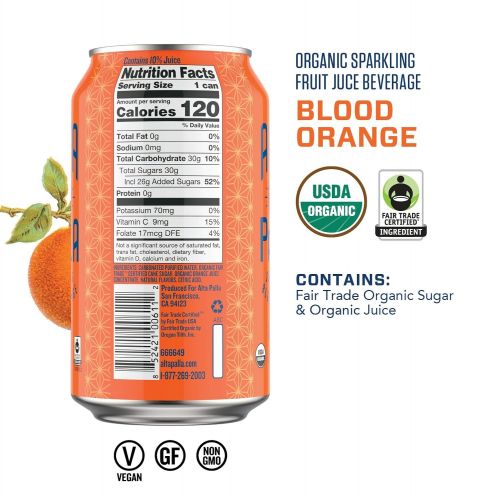  Alta Palla Organic Fair Trade Sparkling Fruit Juice Beverage, Blood Orange, 12 Ounce, 24 Count