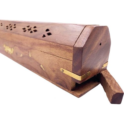  인센스스틱 Alternative Imagination Dragon Brass Inlay Design - Wooden Coffin Incense Burner for Incense Sticks and Cones, with Storage Compartment