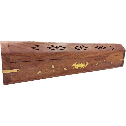  인센스스틱 Alternative Imagination Dragon Brass Inlay Design - Wooden Coffin Incense Burner for Incense Sticks and Cones, with Storage Compartment
