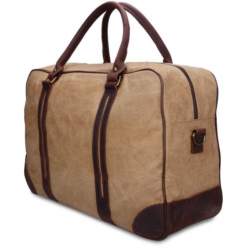  Altosy ALTOSY Canvas Genuine Leather Travel Tote Duffel Bag Carry On Luggage Bag Weekender Handbag (Y1827, Khaki)