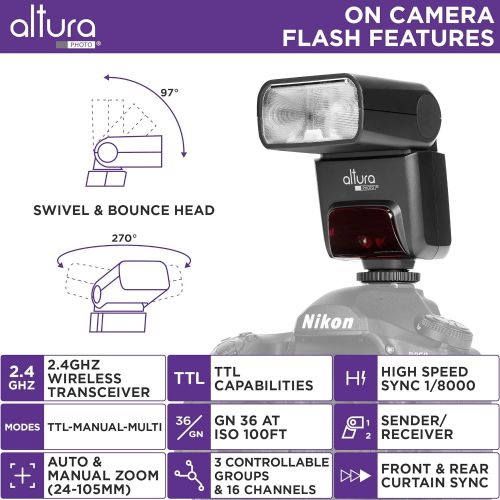  [아마존베스트]Camera Flash Light Altura Photo AP-305N for Nikon D3500 D3400 D3300 D5600 D5500 D5300 D850 D780 D750 D7500 D7200 Z7 Z6 Z50 P1000 P900-2.4 GHz I-TTL Speedlight for DSLR and Mirrorle