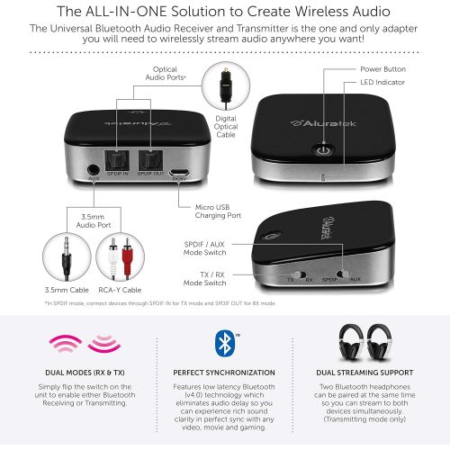  [아마존베스트]Aluratek ABC02F Bluetooth Audio Receiver and Transmitter, 2-in-1 Wireless 3.5mm, AUX, Optical Audio Adapter, Pairing with 2 Bluetooth Headphones Simultaneously in Transmitter Mode