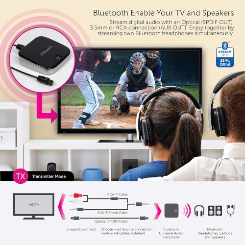  [아마존베스트]Aluratek ABC02F Bluetooth Audio Receiver and Transmitter, 2-in-1 Wireless 3.5mm, AUX, Optical Audio Adapter, Pairing with 2 Bluetooth Headphones Simultaneously in Transmitter Mode