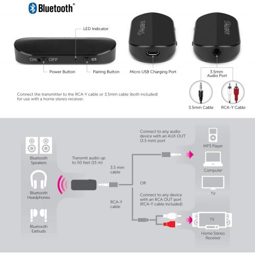  Aluratek Bluetooth Audio Transmitter with Detached Cable, Dual Streaming Support, Up to 50 Foot Range for Up to 10 Hours Streaming on a Full Charge