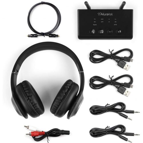  Aluratek ABCTVKIT Bluetooth Wireless TV Streaming Kit with Bluetooth 5, Long Range Up to 300, No Delay aptX, Optical, Aux, RCA, Includes Headphone and TransmitterReceiver Adapter,