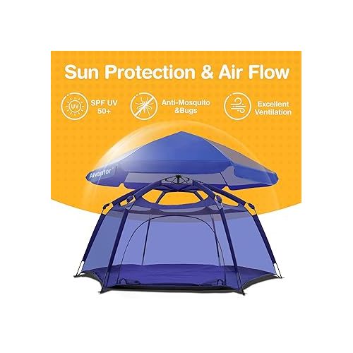  Alvantor Playpen Play Yard Space Canopy Fence Pin 6 Panel Pop Up Foldable and Portable Lightweight Safe Indoor Outdoor Infants Babies Toddlers Kids Pets 7’x7’x44” Navy Patent Pending