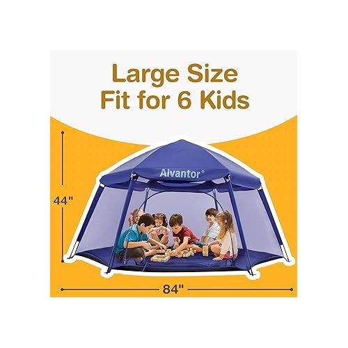  Alvantor Playpen Play Yard Space Canopy Fence Pin 6 Panel Pop Up Foldable and Portable Lightweight Safe Indoor Outdoor Infants Babies Toddlers Kids Pets 7’x7’x44” Navy Patent Pending