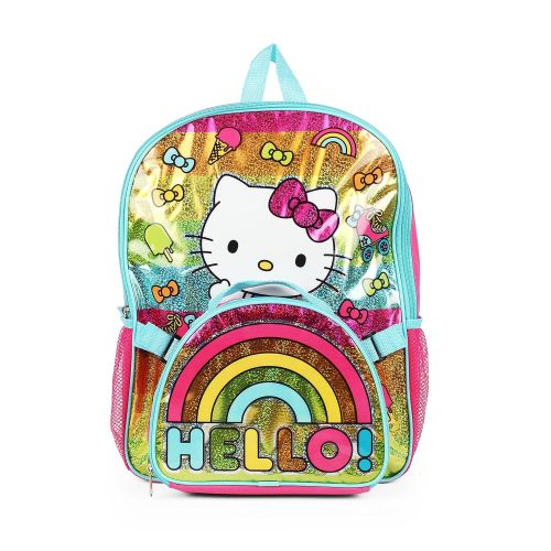 Aly Hello Kitty Rainbow Bow Backpack with Insulated Rainbow Hello! Lunch Kit for Girls