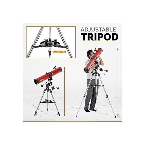  AmScope Reflector EQ Telescope with Equatorial Mount, 114mm Aperture, 900mm Focal Length, Stainless Steel Tripod and Red Dot Finder