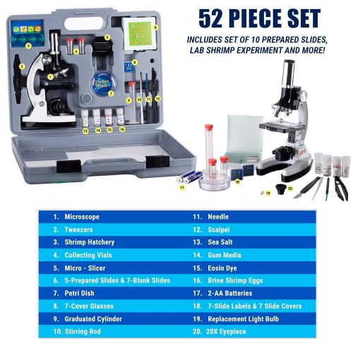  [아마존베스트]AmScope 120X-1200X 52-pcs Kids Beginner Microscope STEM Kit with Metal Body Microscope, Plastic Slides, LED Light and Carrying Box (M30-ABS-KT2-W)