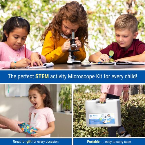  [아마존베스트]AmScope 120X-1200X 52-pcs Kids Beginner Microscope STEM Kit with Metal Body Microscope, Plastic Slides, LED Light and Carrying Box (M30-ABS-KT2-W)