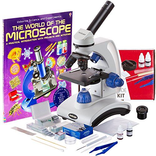  [아마존베스트]AmScope 40X-1000X Dual LED Light Student Microscope Package with Optical Glass Lens, All-Metal Framework, and Complete Accessories Kit