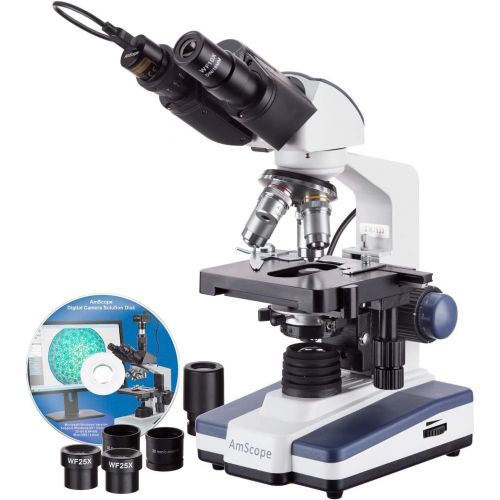  AmScope B120C-E1 Siedentopf Binocular Compound Microscope, 40X-2500X Magnification, LED Illumination, Abbe Condenser, Two-Layer Mechanical Stage, 1.3MP Camera and Software Windows