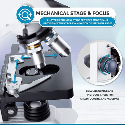  AmScope B120C-E1 Siedentopf Binocular Compound Microscope, 40X-2500X Magnification, LED Illumination, Abbe Condenser, Two-Layer Mechanical Stage, 1.3MP Camera and Software Windows