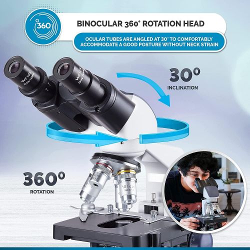  AmScope B120C-E1 Siedentopf Binocular Compound Microscope, 40X-2500X Magnification, LED Illumination, Abbe Condenser, Two-Layer Mechanical Stage, 1.3MP Camera and Software Windows