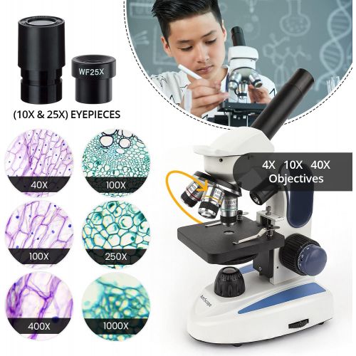  AmScope M158C-2L Cordless Compound Monocular Microscope, WF10x and WF25x Eyepieces, 40x-1000x Magnification, Upper and Lower LED Illumination with Rheostat, Brightfield, Single-Len