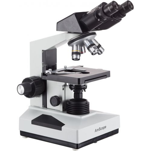  AmScope B490B Compound Binocular Microscope, WF10x and WF20x Eyepieces, 40X-2000X Magnification, Brightfield, Halogen Illumination, Abbe Condenser, Double-Layer Mechanical Stage, S