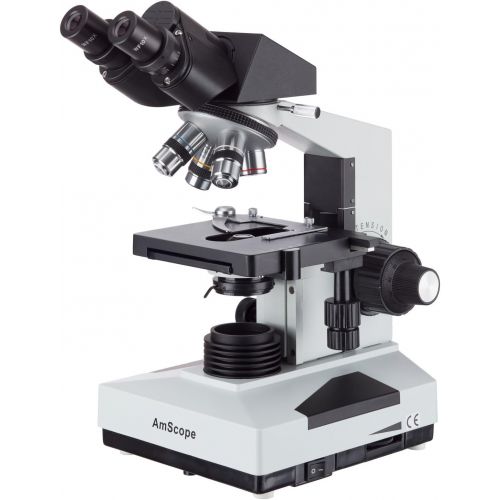  AmScope B490B Compound Binocular Microscope, WF10x and WF20x Eyepieces, 40X-2000X Magnification, Brightfield, Halogen Illumination, Abbe Condenser, Double-Layer Mechanical Stage, S