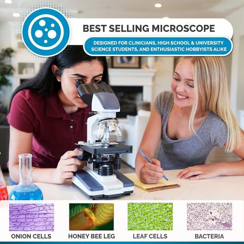  AmScope B120C Siedentopf Binocular Compound Microscope, 40X-2500X Magnification, Brightfield, LED Illumination, Abbe Condenser, Double-Layer Mechanical Stage