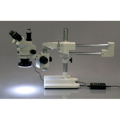  AmScope SM-4TX-144A Trinocular Stereo Microscope, WF10x Eyepieces, 3.5X-45X Magnification, 0.7X-4.5X Objective Power, 0.5X Barlow Lens, 144-Bulb Ring-Style LED Light Source, Double