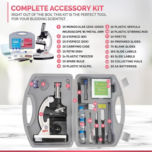  AMSCOPE-Kids M30-ABS-KT1-W 120X-240X-300X-480X-600X-1200X 48pc Metal Arm & Base Educational Kids Biological Microscope Kit