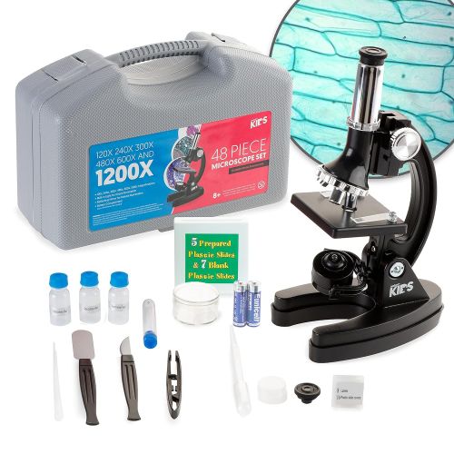  AMSCOPE-KIDS M30-ABS-KT1 Beginner Microscope Kit, LED and Mirror Illumination, 120x - 1200x Six Magnifications, Metal Frame and Base, Includes 48-Piece Accessory Set and Case,Black