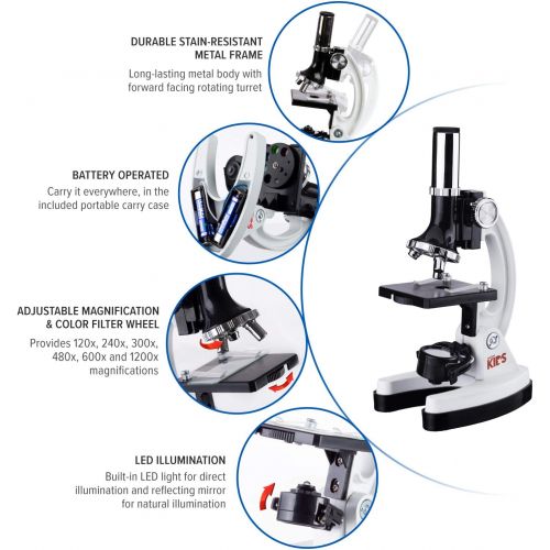  AmScope 120X-1200X 52-pcs Kids Beginner Microscope STEM Kit with Metal Body Microscope, Plastic Slides, LED Light and Carrying Box (M30-ABS-KT2-W),White