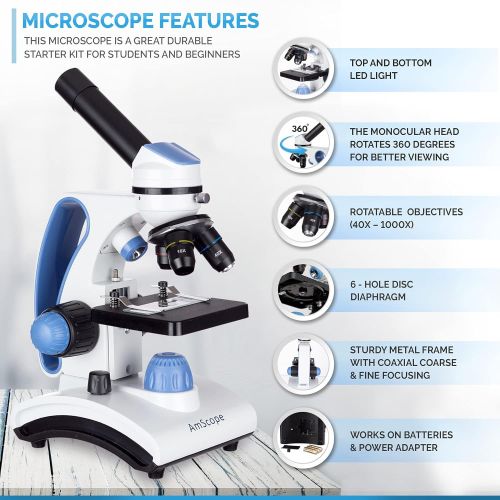  AmScope 40X-1000X Beginners Microscope Kit for Kids & Students w/Complete Science Accessory Kit + World of The Microscope Book
