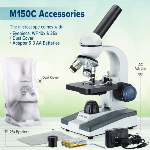  [아마존베스트]AmScope M150C-PS25 Compound Monocular Microscope, WF10x and WF25x Eyepieces, 40x-1000x Magnification, LED Illumination, Brightfield, Single-Lens Condenser, Coaxial Coarse and Fine