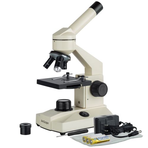  [아마존베스트]AmScope Optical Glass Lens All-Metal LED Compound Microscope, 6 Settings 40x-1000x, Portable AC or Battery Power