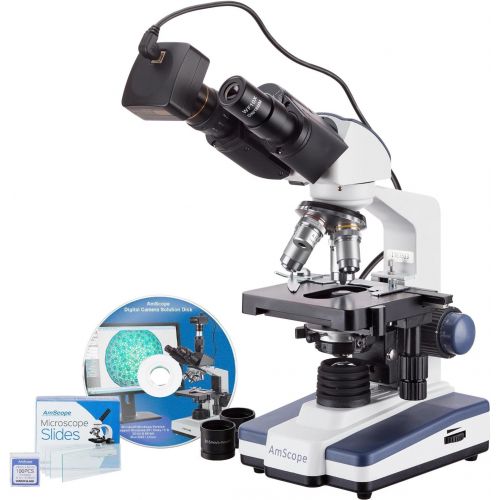  [아마존베스트]AmScope 40X-2500X LED Binocular Compound Microscope with 50pc Blank Slides and 5MP Camera