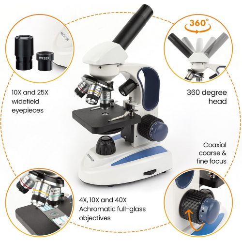  [아마존베스트]AmScope M158C-2L Cordless Compound Monocular Microscope, WF10x and WF25x Eyepieces, 40x-1000x Magnification, Upper and Lower LED Illumination with Rheostat, Brightfield, Single-Len