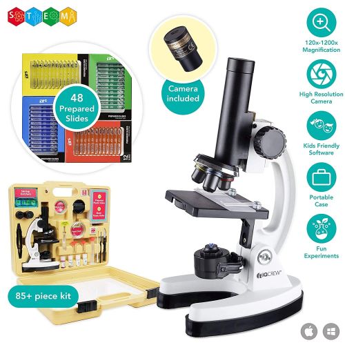  [아마존베스트]IQCREW by AmScope Kids Premium 85+ Piece Microscope, Color Camera and Interactive Kids Software Kit with 48-Piece Prepared Slide Set