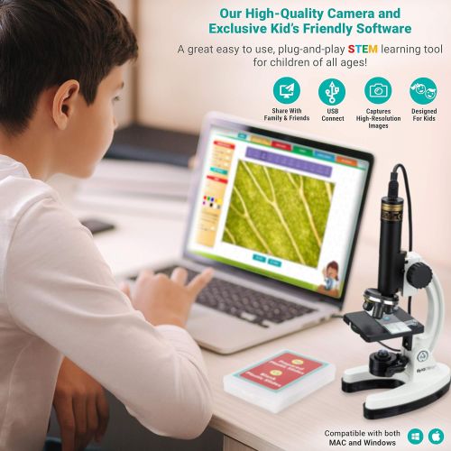  [아마존베스트]IQCREW by AmScope Kids Premium 85+ Piece Microscope, Color Camera and Interactive Kids Software Kit with 48-Piece Prepared Slide Set