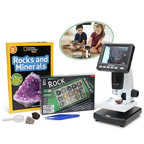  [아마존베스트]IQCREW by AmScope Kids Premium Portable LCD Color Digital Microscope with Rock and Mineral Collecting Look and Learn Activity Kit