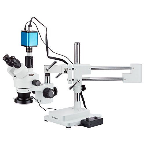  AmScope 3.5X-45X Trinocular Stereo Zoom Microscope with Double Arm Boom Stand + 144-LED Ring-light + 1080p Camera