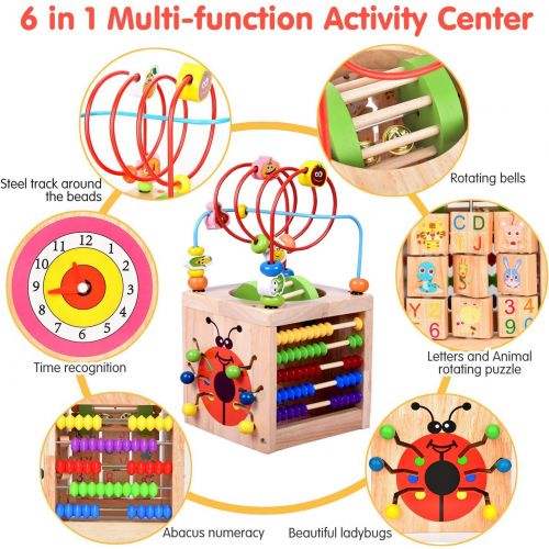  Amagoing 6-in-1 Activity Cube Multifunction Bead Maze Roller Coaster Classic Wooden Educational Toys for Kids