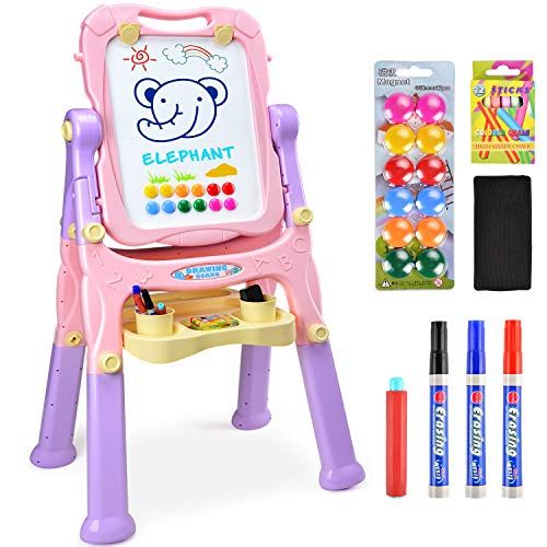  [아마존베스트]Amagoing Easel for Kids, 4 in 1 Standing Toddler Art Easel Double Sided Quick Flip & Height Adjustable Children Drawing Board with Paper Clips