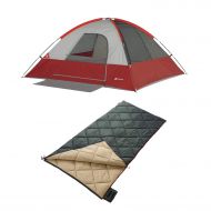 Amagoing OZARK TRAIL 4-Person Dome Tent with Vestibule and Full Coverage Fly in Red/Gray Bundle XL Deluxe Cool Weather 40F Synthetic Sleeping Bag