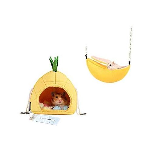 Amakunft 2 Pack of Hamster Bed, Sugar Glider Cage Accessories Hammock, Hamster House Toys for Small Animal Sugar Glider Squirrel Hamster Rat Playing Sleeping (Banana+Pineapple)
