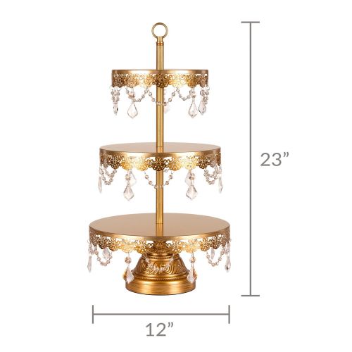  Amalfi Decor 3-Tier Crystal-Draped Dessert Cupcake Stand (Gold) | Stainless Steel Frame