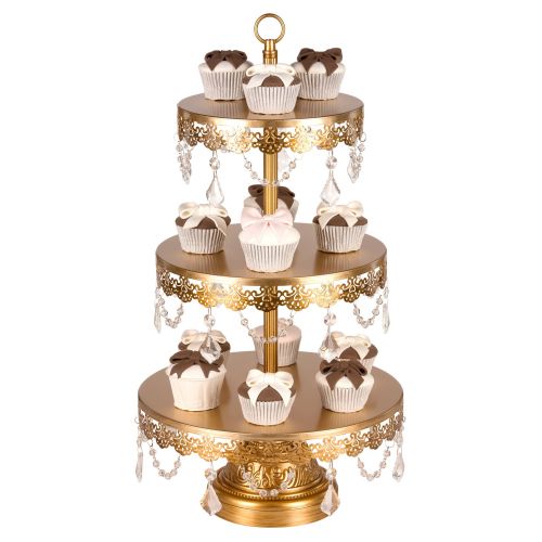  Amalfi Decor 3-Tier Crystal-Draped Dessert Cupcake Stand (Gold) | Stainless Steel Frame