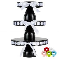 Amalfi Decor Lily 3-Piece Black Metal Ribbon Cake Stand Set, Round DIY Modern Pedestal 15 Interchangeable Satin Ribbons Included