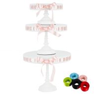 Amalfi Decor Lily 3-Piece White Metal Ribbon Cake Stand Set, Round DIY Display Pedestal 15 Interchangeable Satin Ribbons Included
