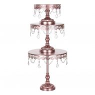 Amalfi Decor Sophia Cake Stand Set of 3, Round Metal Plate Dessert Cupcake Pedestal Wedding Party Display with Glass Crystals (Rose Gold)