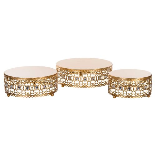  Amalfi Decor 3-Piece Cake Stand Riser Set, Rhinestone Crystal Gem Dessert Cupcake Display Pedestal Jeweled for Weddings Events Birthdays Parties Food Tower Plate (Gold)