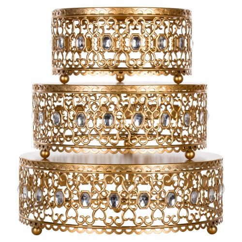  Amalfi Decor 3-Piece Cake Stand Riser Set, Rhinestone Crystal Gem Dessert Cupcake Display Pedestal Jeweled for Weddings Events Birthdays Parties Food Tower Plate (Gold)