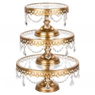 Amalfi Decor Victoria Gold Cake Stand Set of 3, Round Glass Plate Metal Dessert Cupcake Pedestal Wedding Party Display with Crystals